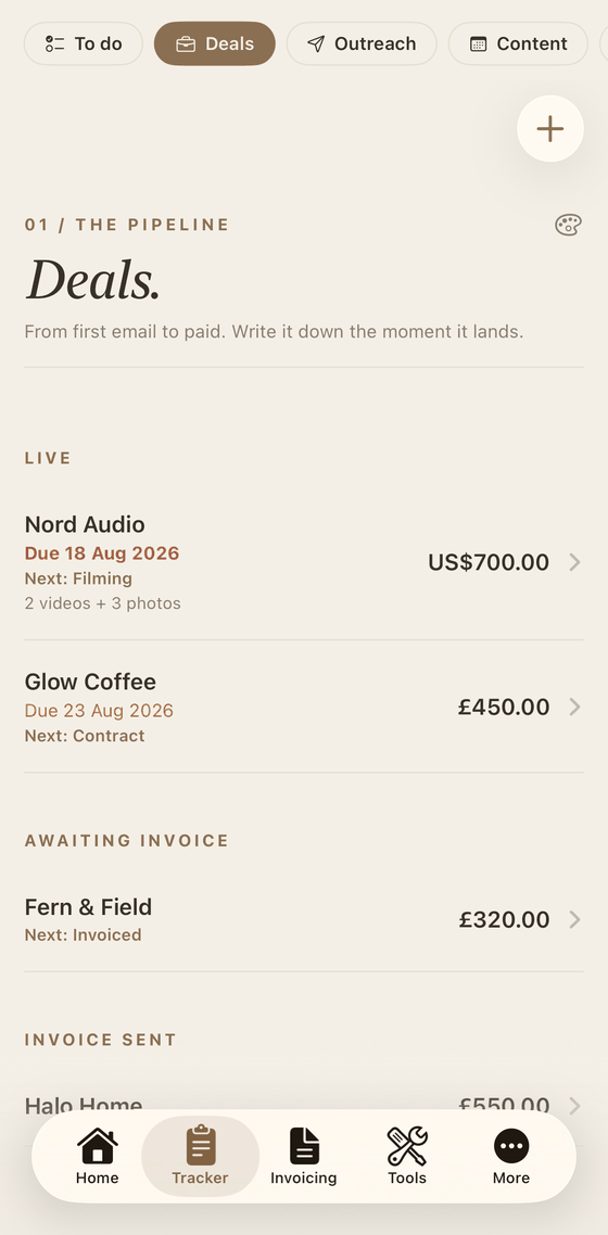 The deals pipeline in the Framework app, with brand deals grouped into live, awaiting invoice and invoice sent, each showing its fee and next step.