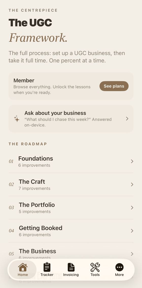 The Framework app home screen, showing the roadmap split into numbered stages: Foundations, The Craft, The Portfolio, Getting Booked and The Business.
