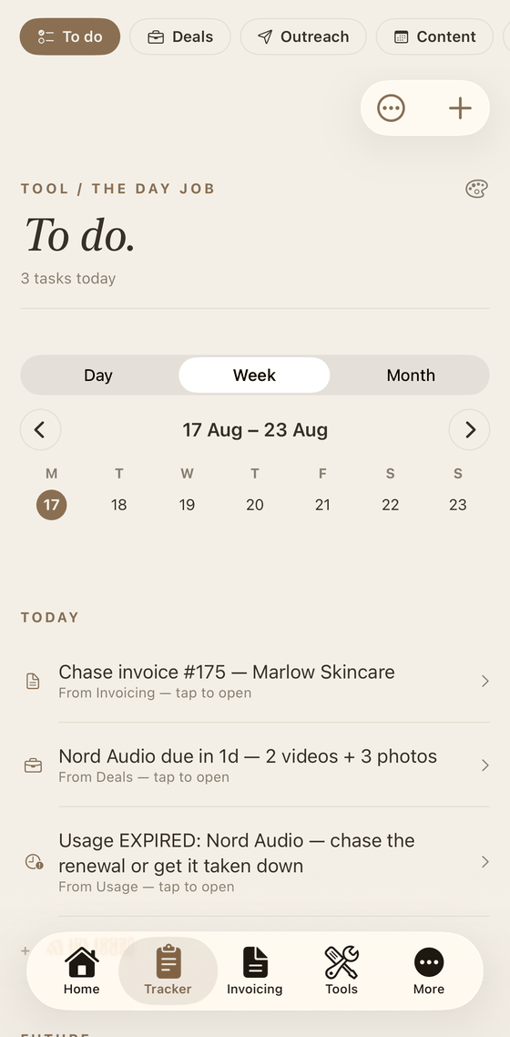 The to do screen in the Framework app, with a week calendar above a list of today's jobs pulled in from invoices, deals and usage windows.