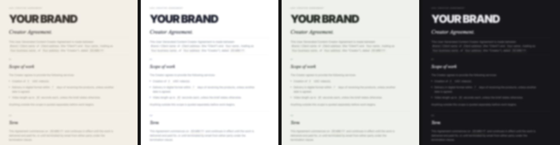 The same template shown in four different colour themes